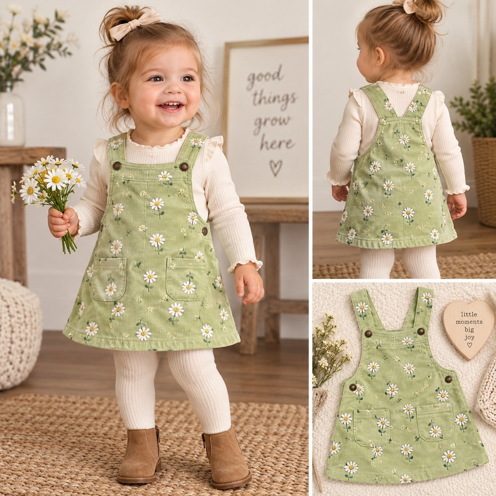 Cupcakes and Cashmere Girls 12M Sage Corduroy Overall Dress Floral Pinafore